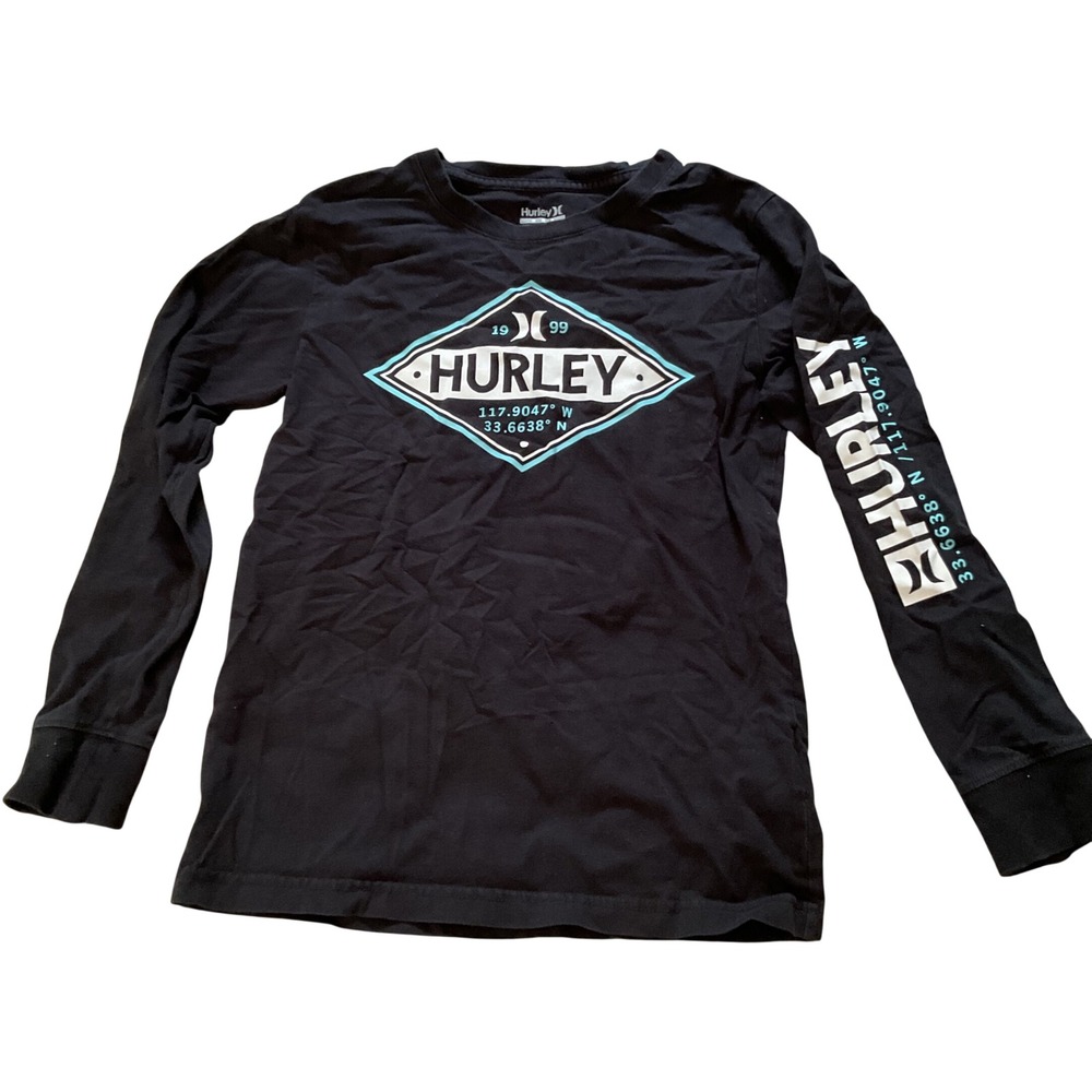 Hurley Womens Graphic Long Sleeve Tee Black Teal Diamond Logo Size‎ M 10-12 YRS